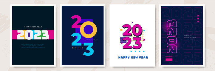 Happy New Year 2023. Vector holiday illustration with 2023 hand written logo text design, sparkling confetti and shining golden stars on white background.