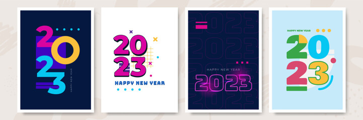 Happy New Year 2023. Vector holiday illustration with 2023 hand written logo text design, sparkling confetti and shining golden stars on white background.