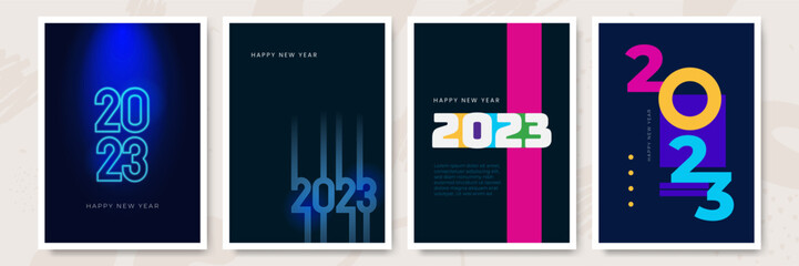 Happy New Year 2023. Vector holiday illustration with 2023 hand written logo text design, sparkling confetti and shining golden stars on white background.