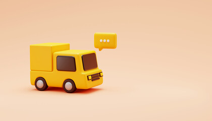 Shipment yellow delivery by truck delivery car deliver express with Chat message Speech bubble delivery transportation logistics concept on yellow background 3d rendering illustration