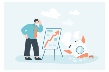 Bankrupt businessman and startup failure flat vector illustration. Failed entrepreneur with bad strategy and rocket debris. Bankruptcy and unsuccessful business ideas concept