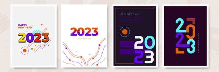 Big Set of 2023 Happy New Year logo text design. 2023 number design template. Collection of 2023 Happy New Year symbols. Vector illustration with colorful background.