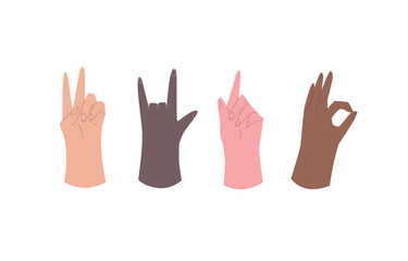 Fototapeta premium Set of hands with different skin color showing gestures: love, pointer, peace, ok. Flat vector illustration