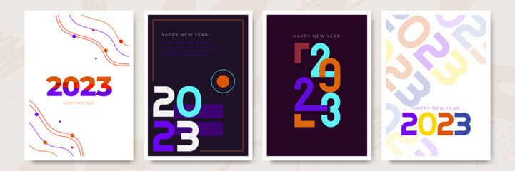 Big Set of 2023 Happy New Year logo text design. 2023 number design template. Collection of 2023 Happy New Year symbols. Vector illustration with colorful background.