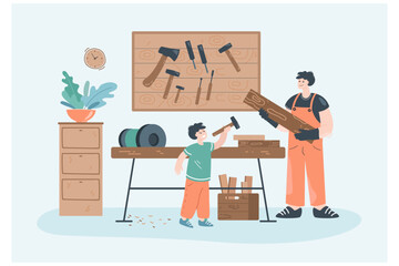 Cartoon dad and son doing carpentry work. Father and boy working with wood, woodworking tools, DIY repair, garage or workshop interior flat vector illustration. Family, woodwork concept for banner