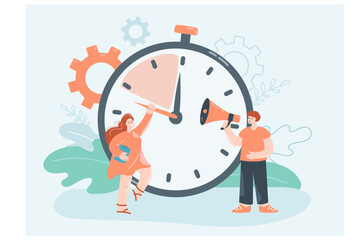 People and stopwatch flat vector illustration. Managers stopping timer and holding clock hand to meet deadline. Business, express services, time management concept