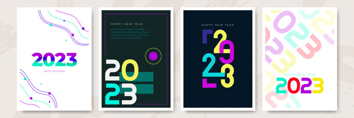 Creative concept of 2023 Happy New Year posters set. Design templates with typography logo 2023 for celebration and season decoration. Minimalistic trendy backgrounds for branding, banner, cover, card