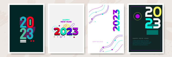 Creative concept of 2023 Happy New Year posters set. Design templates with typography logo 2023 for celebration and season decoration. Minimalistic trendy backgrounds for branding, banner, cover, card