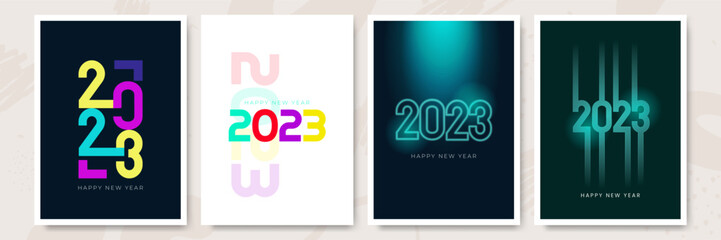 Creative concept of 2023 Happy New Year posters set. Design templates with typography logo 2023 for celebration and season decoration. Minimalistic trendy backgrounds for branding, banner, cover, card