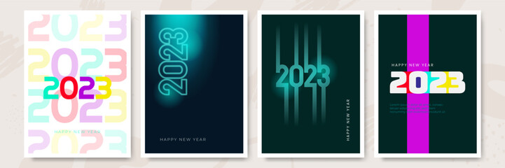 Creative concept of 2023 Happy New Year posters set. Design templates with typography logo 2023 for celebration and season decoration. Minimalistic trendy backgrounds for branding, banner, cover, card