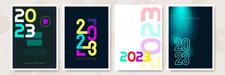 Creative concept of 2023 Happy New Year posters set. Design templates with typography logo 2023 for celebration and season decoration. Minimalistic trendy backgrounds for branding, banner, cover, card
