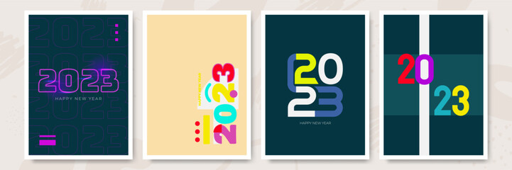 Creative concept of 2023 Happy New Year posters set. Design templates with typography logo 2023 for celebration and season decoration. Minimalistic trendy backgrounds for branding, banner, cover, card