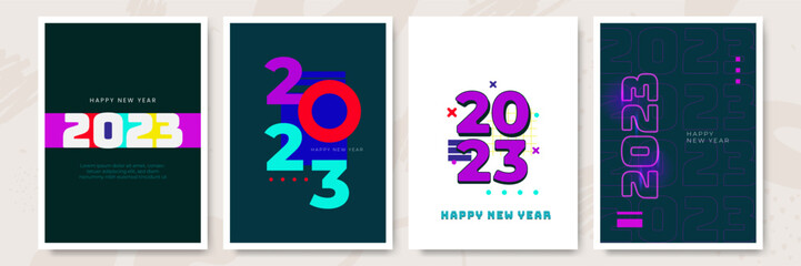 Creative concept of 2023 Happy New Year posters set. Design templates with typography logo 2023 for celebration and season decoration. Minimalistic trendy backgrounds for branding, banner, cover, card