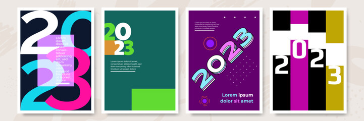 Creative concept of 2023 Happy New Year posters set. Design templates with typography logo 2023 for celebration and season decoration. Minimalistic trendy backgrounds for branding, banner, cover, card