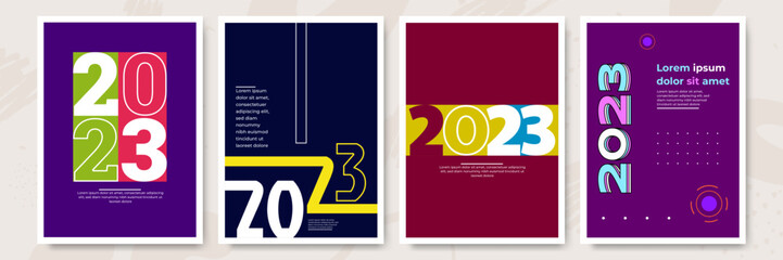 Creative concept of 2023 Happy New Year posters set. Design templates with typography logo 2023 for celebration and season decoration. Minimalistic trendy backgrounds for branding, banner, cover, card