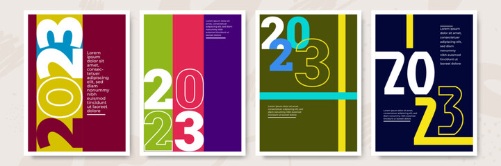 Creative concept of 2023 Happy New Year posters set. Design templates with typography logo 2023 for celebration and season decoration. Minimalistic trendy backgrounds for branding, banner, cover, card