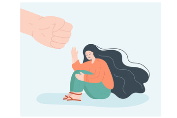 Fist of man threatening victim of abuse or sexual harassment. Woman fighting against discrimination, stop domestic violence flat vector illustration. Family, gender equality, women empowerment concept