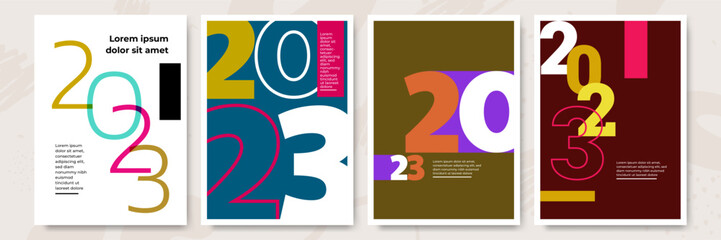 Creative concept of 2023 Happy New Year posters set. Design templates with typography logo 2023 for celebration and season decoration. Minimalistic trendy backgrounds for branding, banner, cover, card