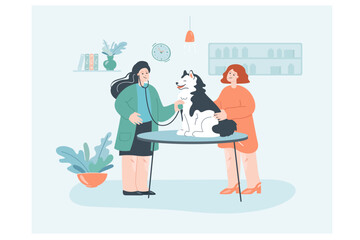 Vet with stethoscope, dog and female owner at veterinary clinic. Cartoon veterinarian examining cute puppy at animal medical center flat vector illustration. Pets, care, medicine, health concept