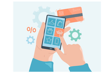 Hand choosing goods online on tablet flat vector illustration. Character doing shopping via app. Online shopping, internet technology, ecommerce concept