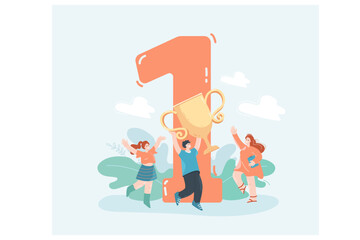 Cartoon champion holding gold cup with number one in background. Award ceremony for winner, business employees, first place flat vector illustration. Competition, challenge, victory, success concept