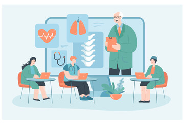 Online medical webinar flat vector illustration..Doctor giving lecture to academic students in virtual class. Online education, medicine, technology concept