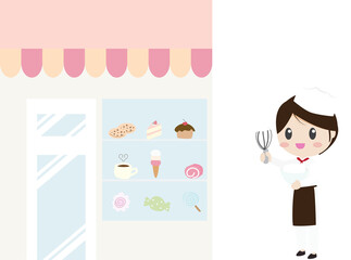cute sweet pastel bakery shop house cafe building with woman chef