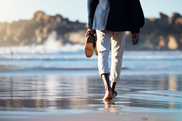Relax, beach and man walking with shoes in hand for peace, travel and wellness on vacation. Health,...