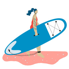 A young woman with tattoo carring sup board. Surf woman. Sup boarding outdoor activity.