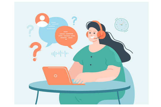 Call operator cartoon character in headphones at table. Woman at laptop getting calls from people flat vector illustration. Customer support or service, communication concept for banner, landing page