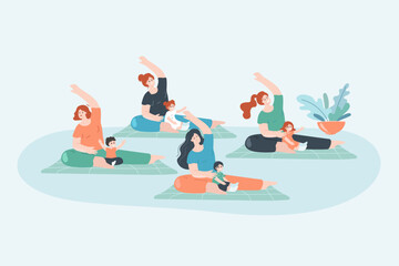 Fototapeta na wymiar Yoga exercises of mothers with kids in gym. Group of happy young moms with children doing sport workout, gymnastics for health of body flat vector illustration. Family healthy activity concept