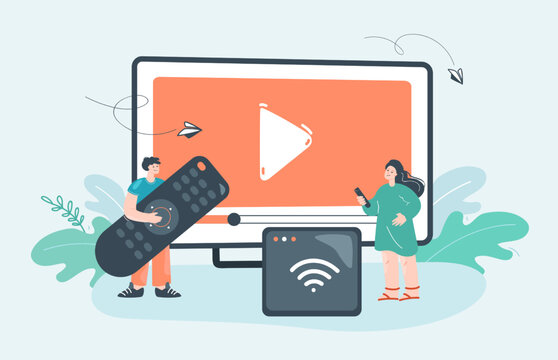 Tiny people with remote control watching TV, video or movie. Man and woman using receiver, console of smart box for home entertainment flat vector illustration. Internet, digital media concept