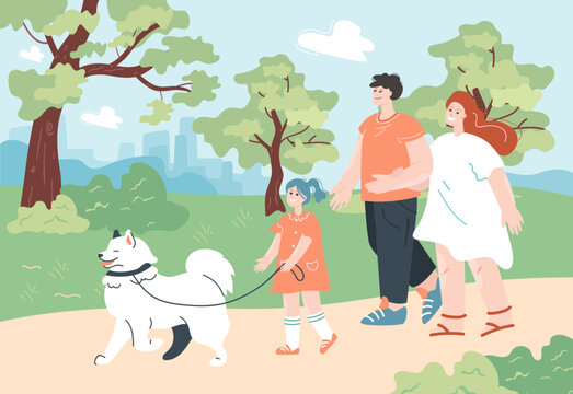 Family people on walk with dog in city park. Couple of parents walking, child holding dog leash flat vector illustration. Outdoor leisure in nature of mother, father and kid, love to animal concept