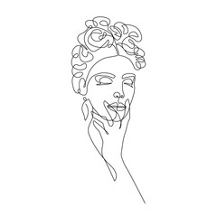 Woman Head with Flowers Line Vector Drawing. Style Template with Female Face with Flowers. Modern Minimalist Simple Linear Style. Beauty Fashion Design 