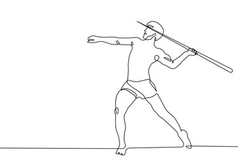 Male Javelin Thrower One Line Drawing. Man with Thrower Abstract Minimal Drawing. Continuous One Line Male Sport Illustration. Modern Trendy Contour Drawing. Vector EPS 10. 