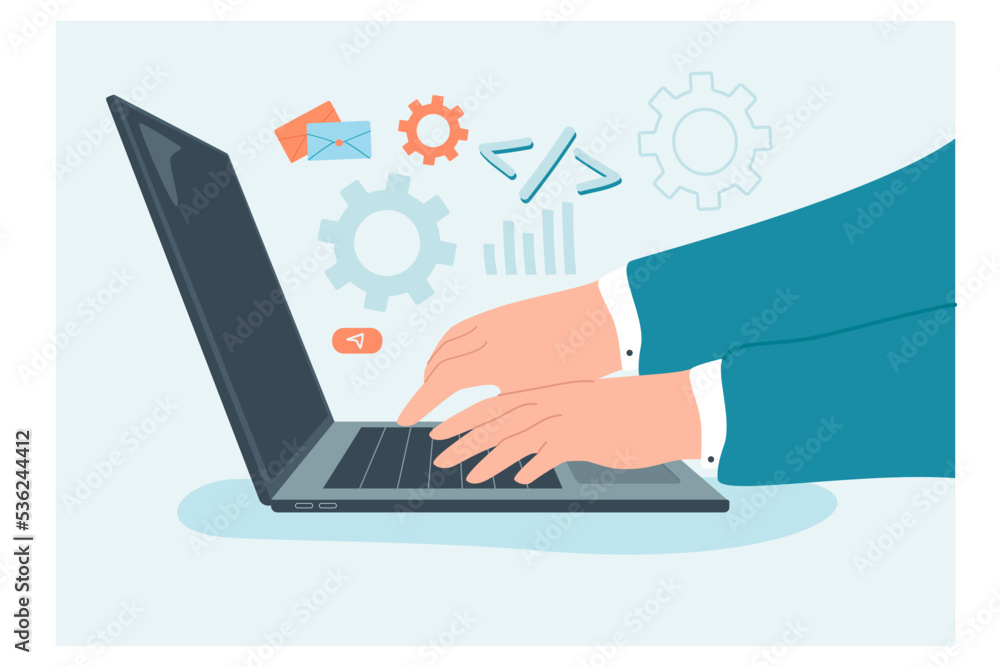 Poster side view of businessman hands using open laptop. hands of male business person in suit typing on ke
