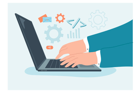 Side view of businessman hands using open laptop. Hands of male business person in suit typing on keyboard, pushing keys and working flat vector illustration. Business communication technology concept
