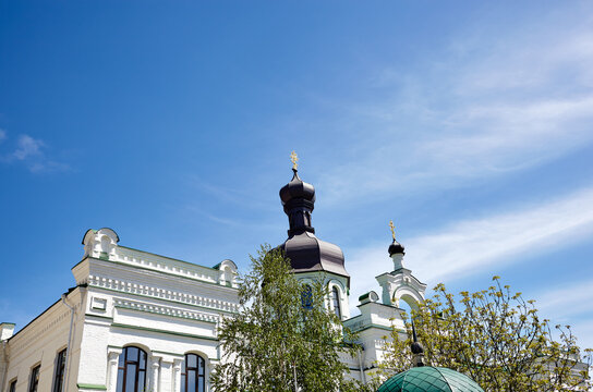 Kiev, Ukraine. Church building architecture, Pechersk Lavra monastery with cupol against blue sky background