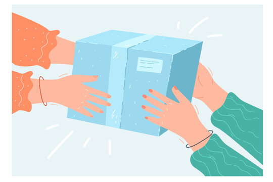 Hands Of Two Women Holding Gift Box Together. Female Friend Giving Surprise Package, Person Moving Box In Hand Flat Vector Illustration. Handing Over Parcel, Fast Address Delivery Service Concept