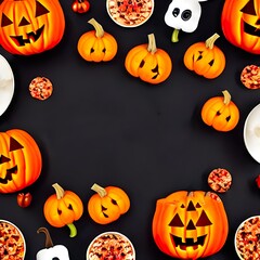 Fun Halloween dinner party, dark wood banner background. Above view. Pizza, spaghetti, snacks and spooky punch.