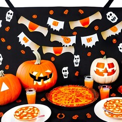 Fototapeta premium Fun Halloween dinner party, dark wood banner background. Above view. Pizza, spaghetti, snacks and spooky punch.