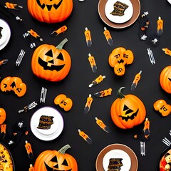 Fun Halloween dinner party, dark wood banner background. Above view. Pizza, spaghetti, snacks and spooky punch.