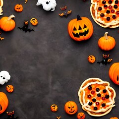 Fun Halloween dinner party, dark wood banner background. Above view. Pizza, spaghetti, snacks and spooky punch.