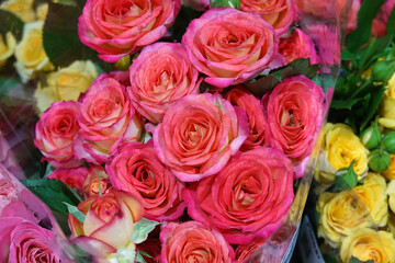 Close-Up of Pink Roses Bouquet at market or shopping mall      