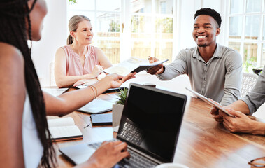 Documents, collaboration and business people in a meeting planning creative marketing, advertising and logo branding. Team, diversity and black woman giving a happy man portfolio report paperwork