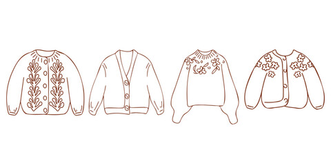 Doodle collection of winter elegant and fashionable clothes, wool jumper, cardigan, jacket. Set of warm sweaters. Vector illustration