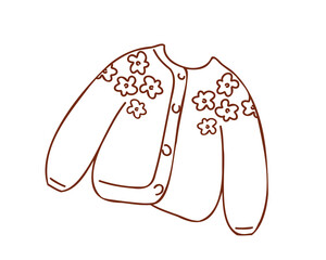 Jumper or cardigan with floral embroidery. Hand drawn, linear, doodle style flat vector illustration isolated on white background