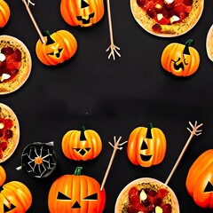 Fun Halloween dinner party, dark wood banner background. Above view. Pizza, spaghetti, snacks and spooky punch.
