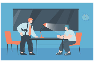 Fototapeta premium Police officer and suspect in interrogation room. Policeman interviewing criminal in handcuffs flat vector illustration. Crime, law, psychology concept for banner, website design or landing web page