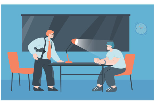 Police officer and suspect in interrogation room. Policeman interviewing criminal in handcuffs flat vector illustration. Crime, law, psychology concept for banner, website design or landing web page